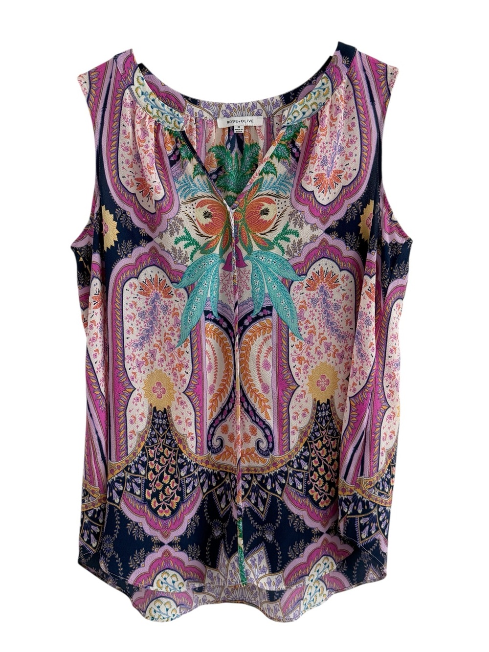 Rose + Olive Sleeveless‎ V-Neck Floral Paisley Boho Resort Tunic Tank Top (1X)
